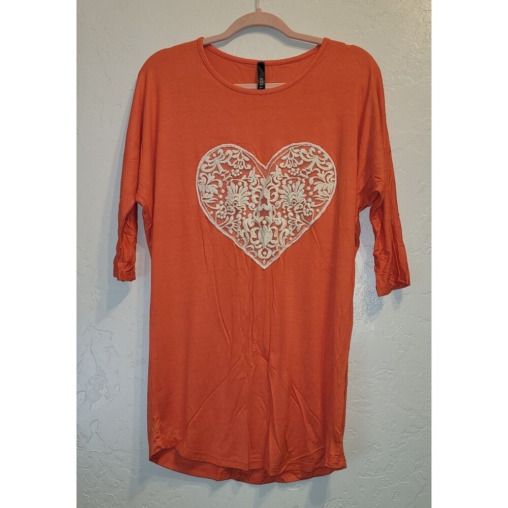 New Womens Sz M Tunic Top 3/4 Sleeve Shirt Dolman Sleeve Lace Heart Pink Stretch